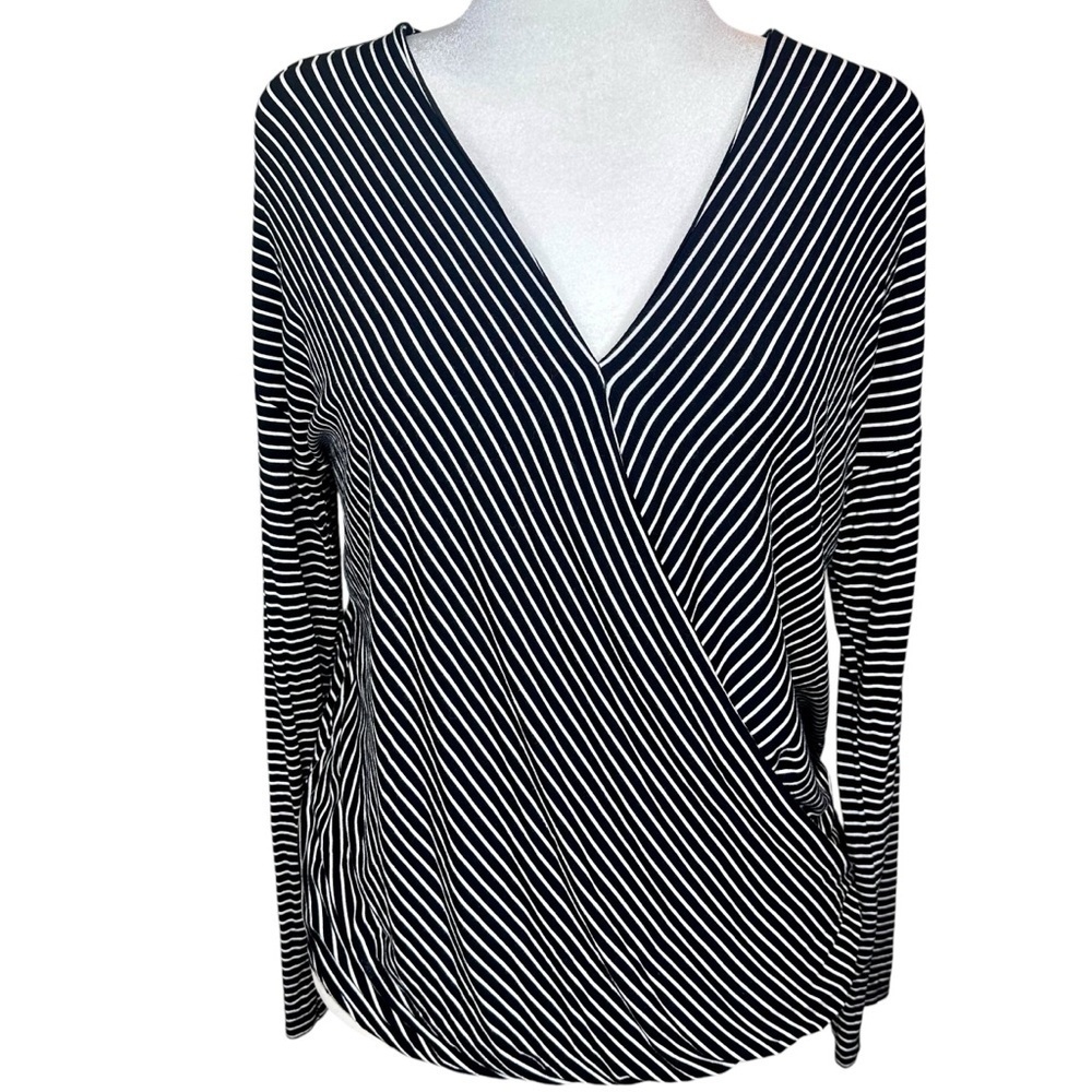 Tahari V-Neck Long Sleeve Faux Wrap Black and White Stripe Blouse Size L